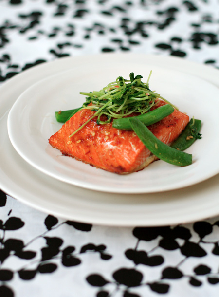 Salmon with Sweet Chili Glaze, Sugar Snap Peas, and Pea Tendrils Salmon with Sweet Chili Glaze, Sugar Snap Peas, and Pea Tendrils