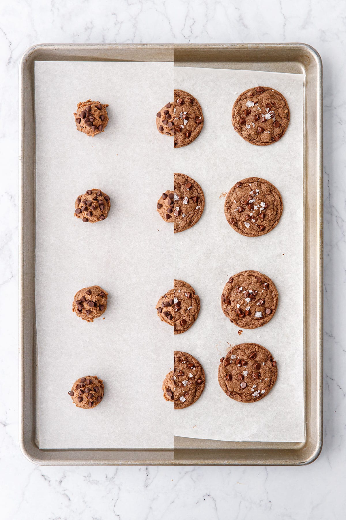 Split screen showing before and after baking of Nutella Chocolate Chip Cookies.
