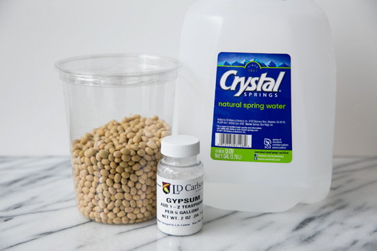 Ingredients for homemade tofu: soybeans, gypsum, water Homemade Tofu Recipe
