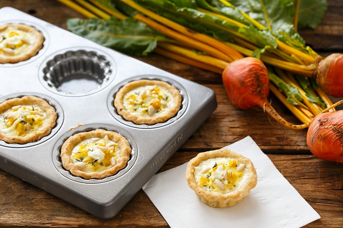 Bite-Sized Golden Beet and Goat Cheese Quiches