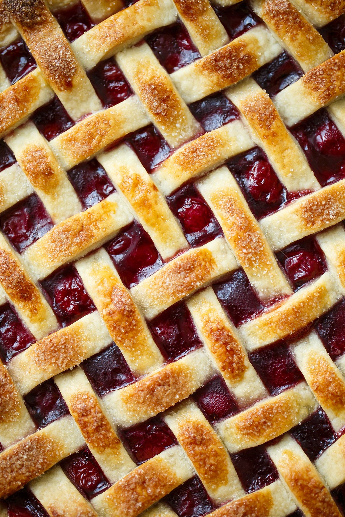 Closeup lattice top texture of a tart cherry pie.