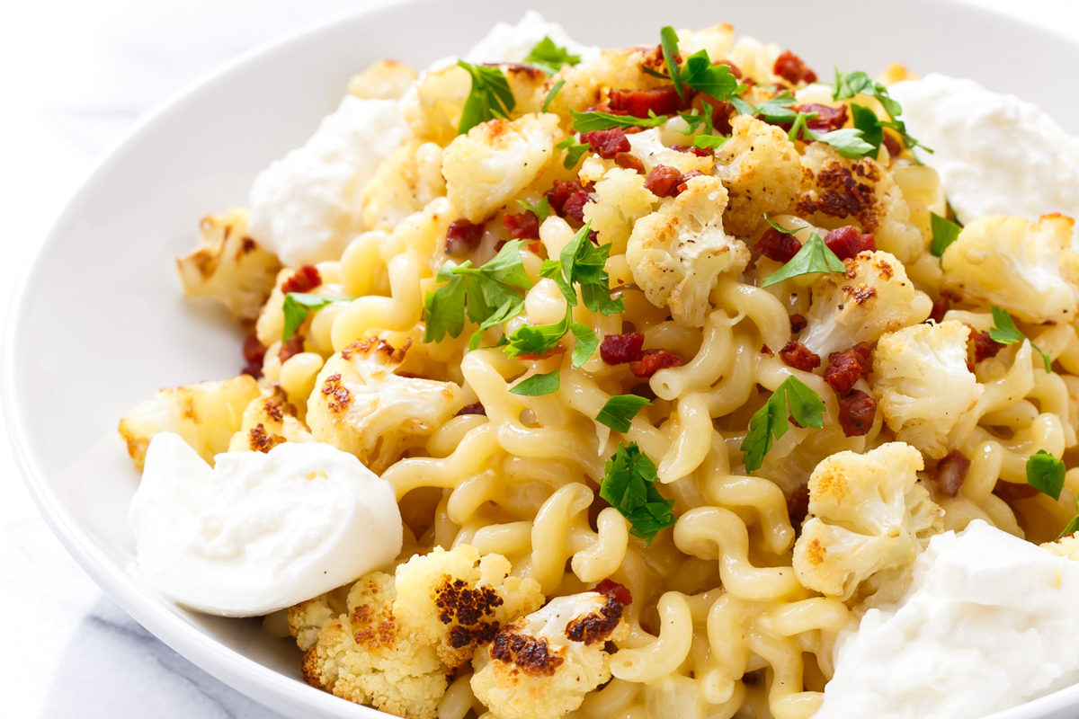 Roasted Cauliflower Carbonara with Burrata