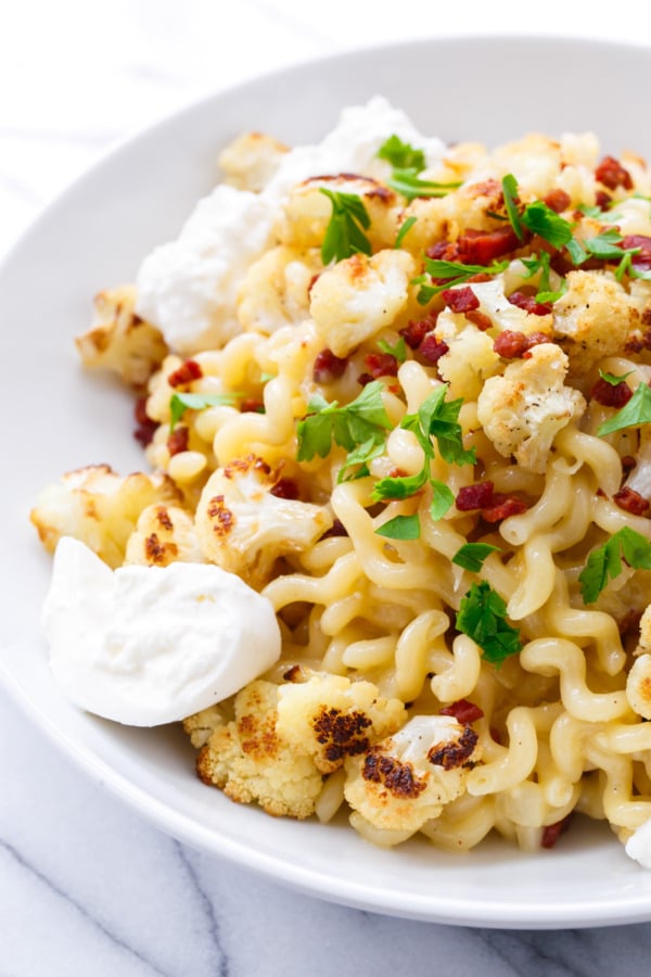 Roasted Cauliflower Carbonara with Burrata