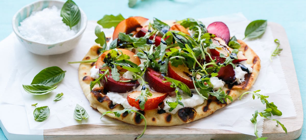 Plum & Burrata Flatbread with Balsamic and Arugula