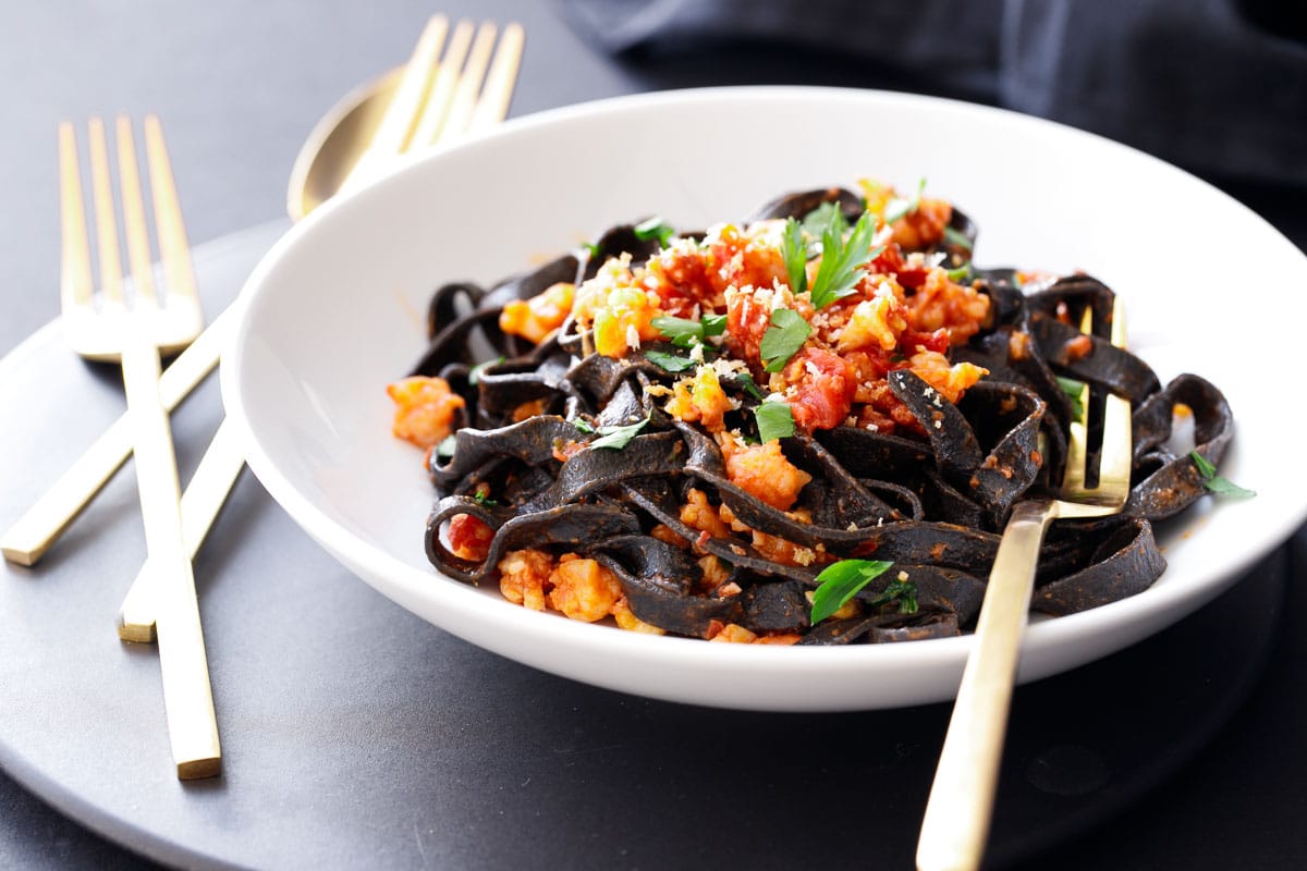 Spicy Squid Ink Fettuccine with Shrimp and Chorizo