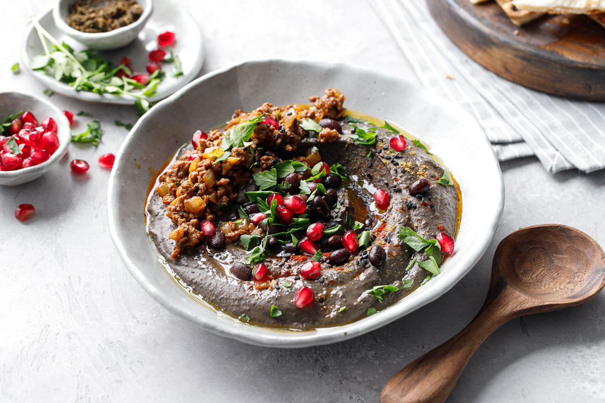 Black Sesame Hummus with Spiced Beef