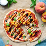 Summer Peach Pizza recipe with goat cheese and balsamic drizzle