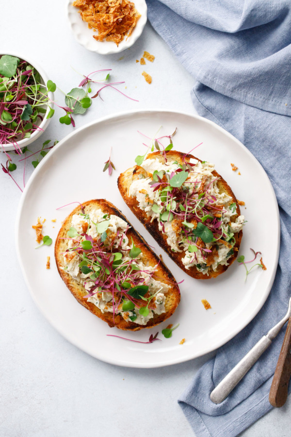 Chicken Salad Recipe served open-face on grilled bread