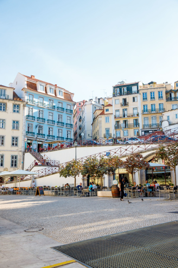 Looking up the stairs into the Barrio Alto neighborhood in Lisbon, Portugal