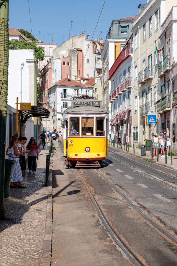 the 28E tram along a narrow street in Lisbon, Portugal