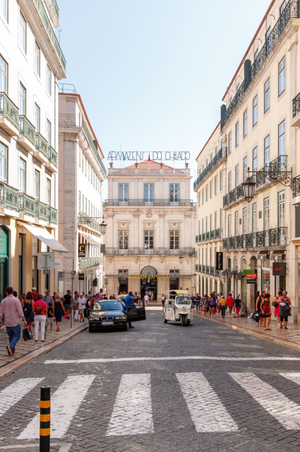 Looking down the street in the Chiado neighborhood, Lisbon, Portugal