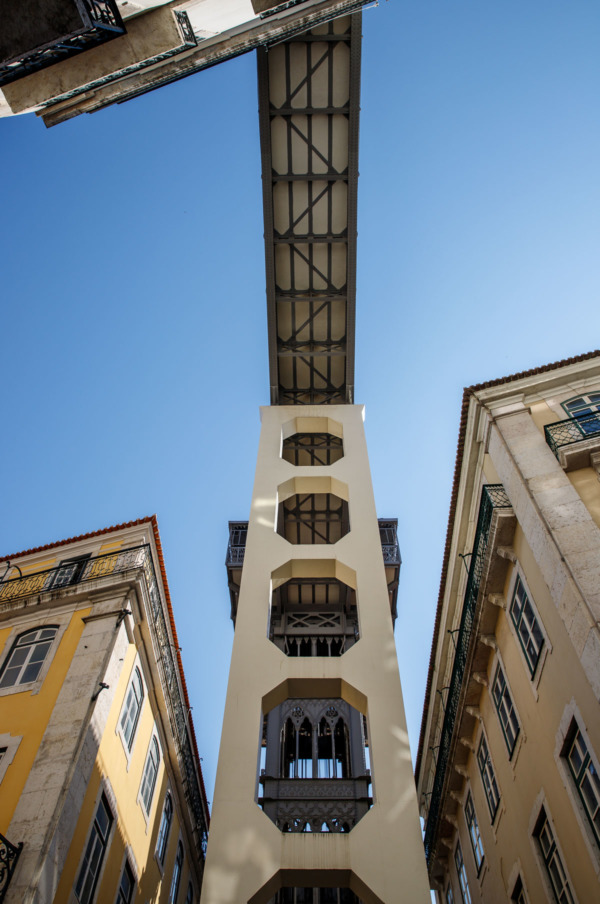Looking up at the Santa Justa lift, Lisbon, Portugal
