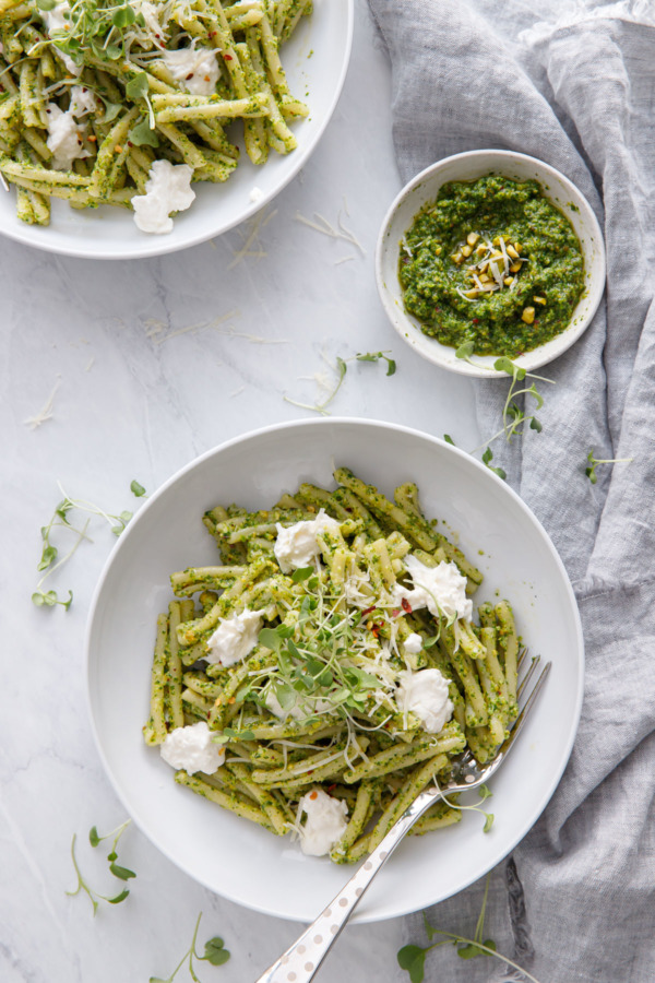 Broccoli Rabe and Pistachio Pesto Pasta with Burrata
