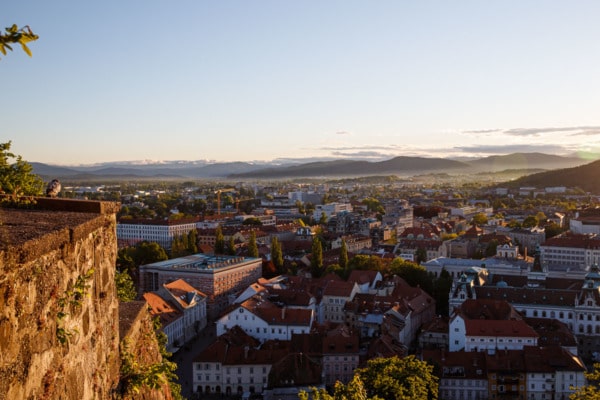 Sunset in Ljubljana, Slovenia, looking out over the city from the castle ramparts