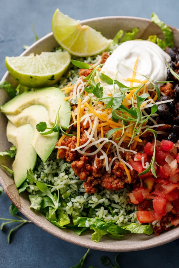 Closeup of Turkey Taco Bowls with Cilantro Rice
