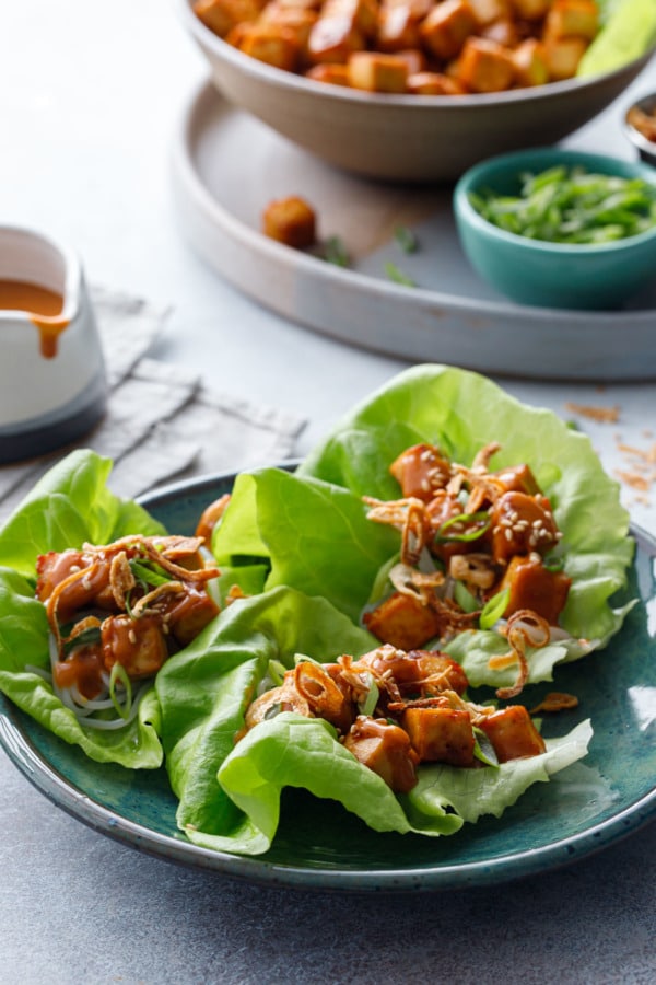 Baked Tofu Lettuce Wraps with Spicy Peanut Sauce