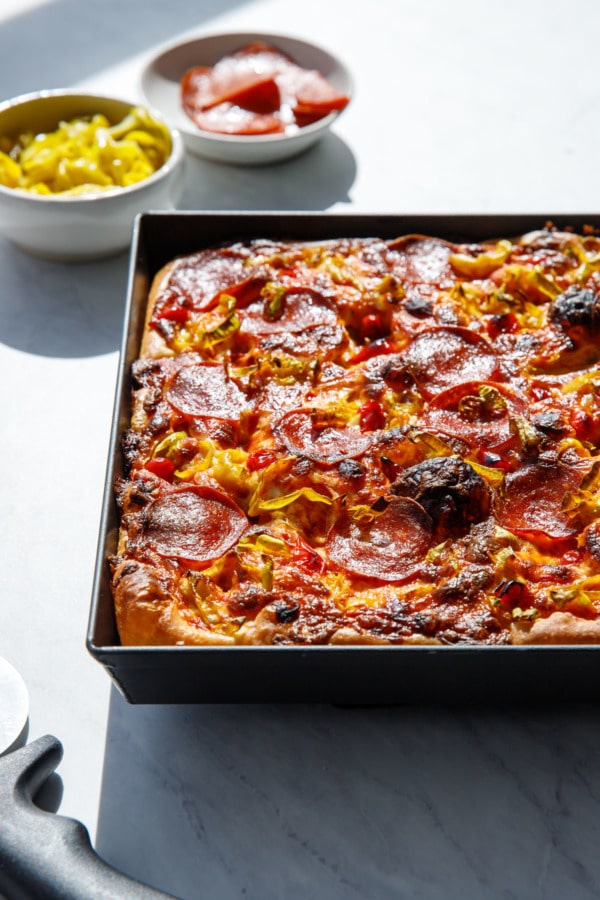 Detroit-Style Pepperoni and Pickled Pepper Pan Pizza