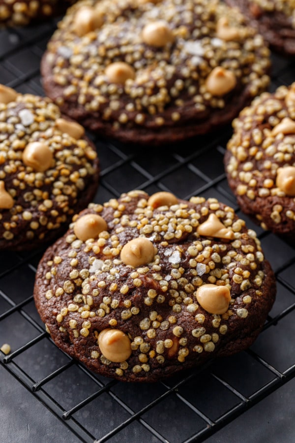 Closeup Chocolate Peanut Butter Crunch Cookies on a wire cooling rack
