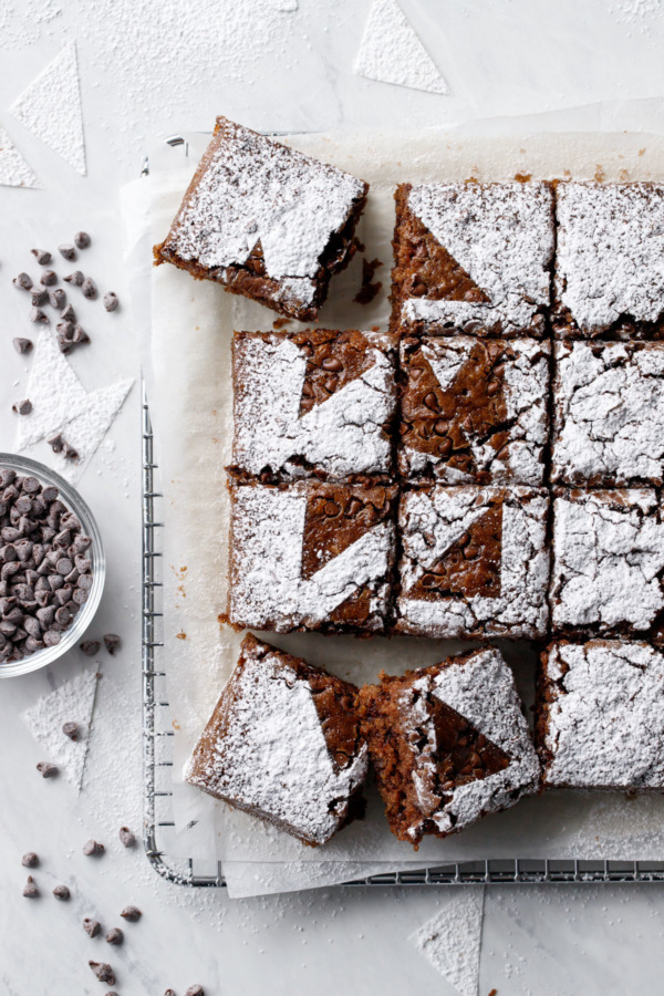 Overhead, Oatmeal Chocolate Chip Snack Cake cut into squares