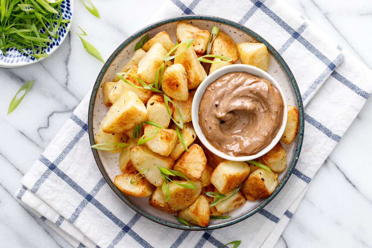 Crispy Roasted Potatoes with Black Garlic Aioli