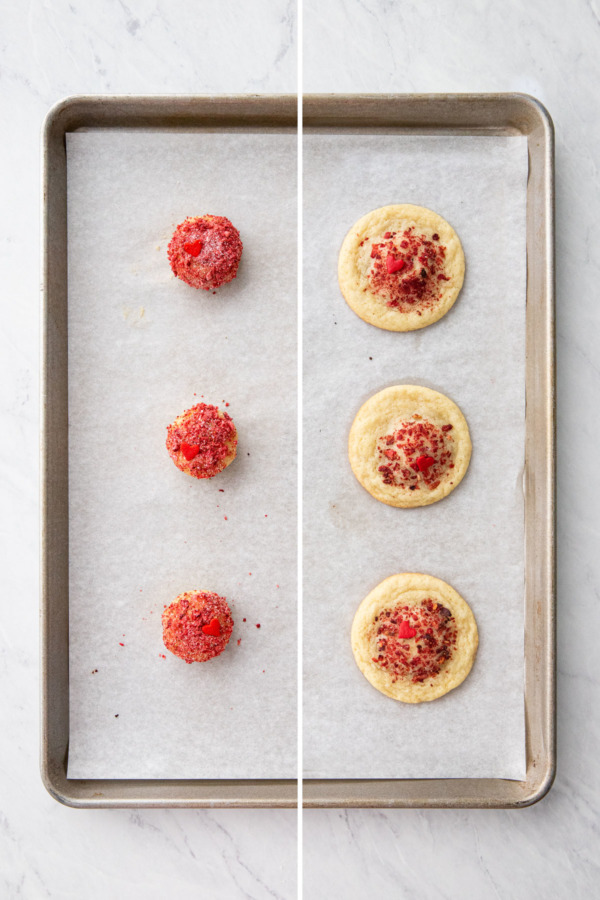 Split screen showing the cookies Before and After baking.