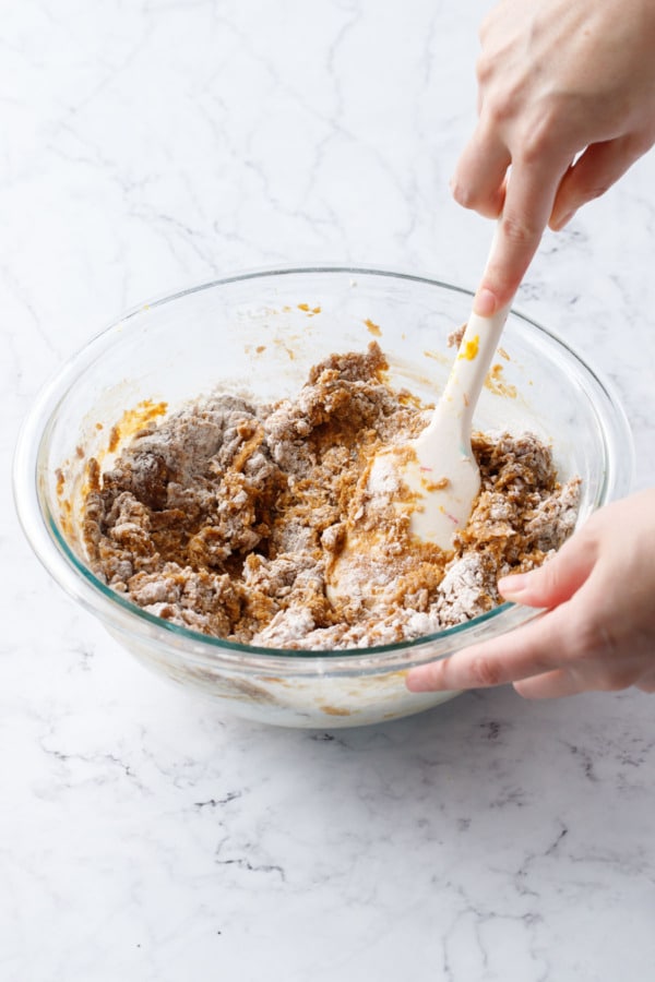Spatula mixing dry ingredients into the dough, showing the dough partially mixed.