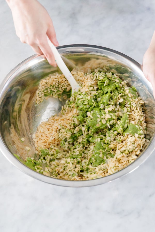 Folding with a rubber spatula until rice cereal is evenly coated with marshmallow mixture.
