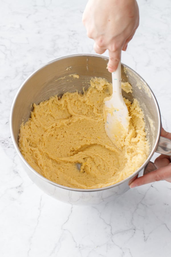 After folding in the dry ingredients, press the finished dough up the sides of the mixing bowl before chilling.