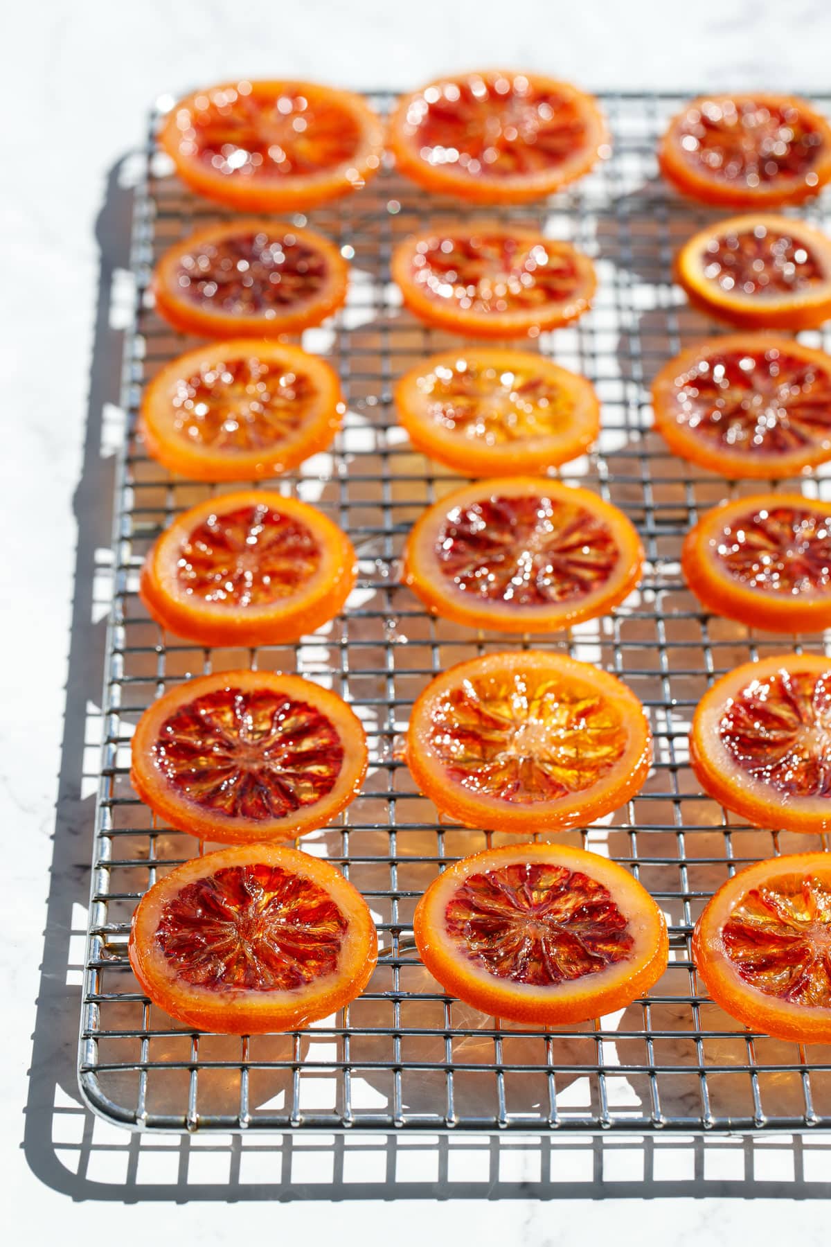 Homemade Candied Blood Orange Slices on a wire rack in bright direct light to showcase the stained-glass like appearance.