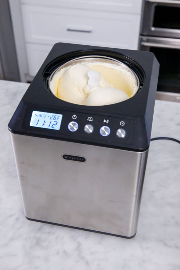 Showing the texture and consistency of the freshly churned ice cream when it is almost done churning.
