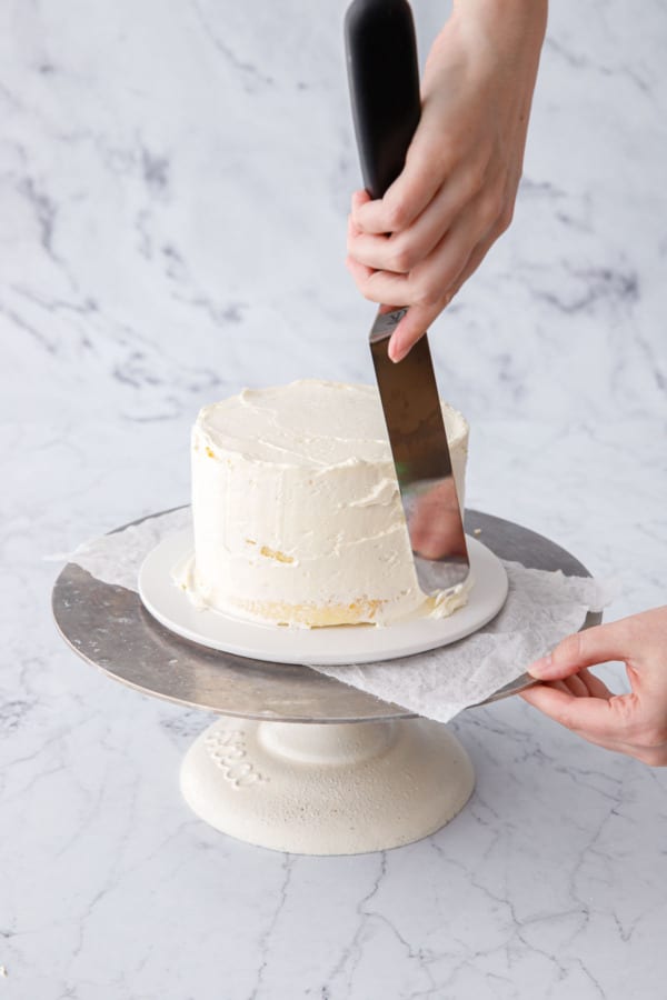 After chilling, spread on the final outer layer of buttercream.