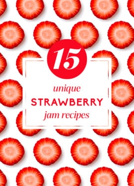 Repeating strawberry pattern with text overlay reading "15 Unique Strawberry Jam Recipes".