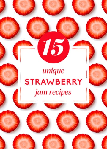 Repeating strawberry pattern with text overlay reading "15 Unique Strawberry Jam Recipes".