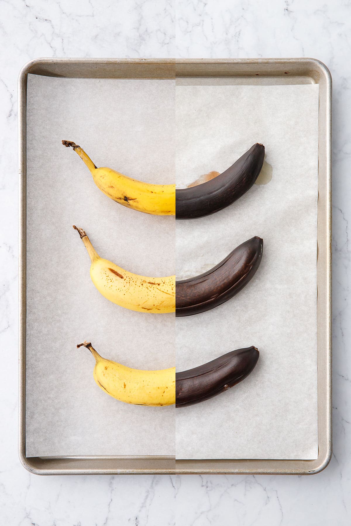 Split screen before/after baking bananas, showing the change in the color of the peels from yellow to dark brown.
