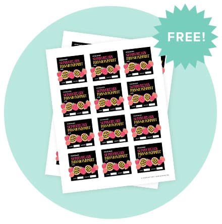 Strawberry passionfruit printable label mockup with starburst that reads FREE.