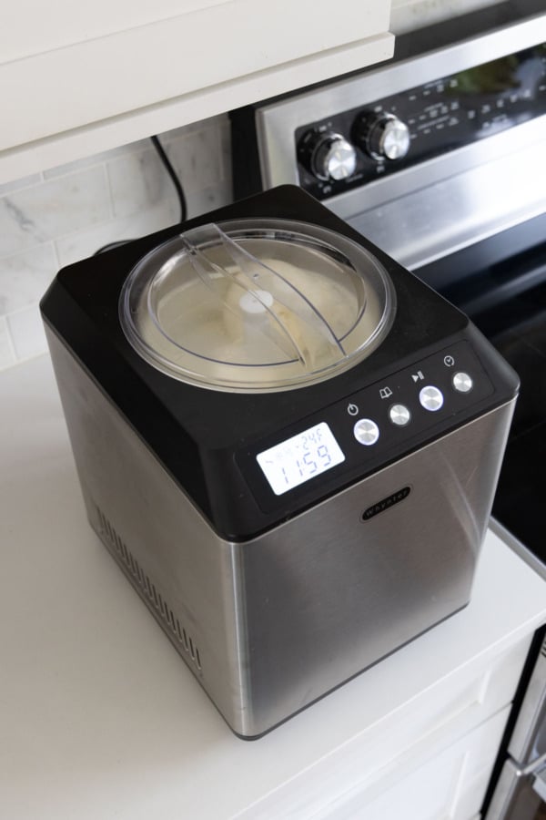Ice cream churning in a compressor-based ice cream maker.
