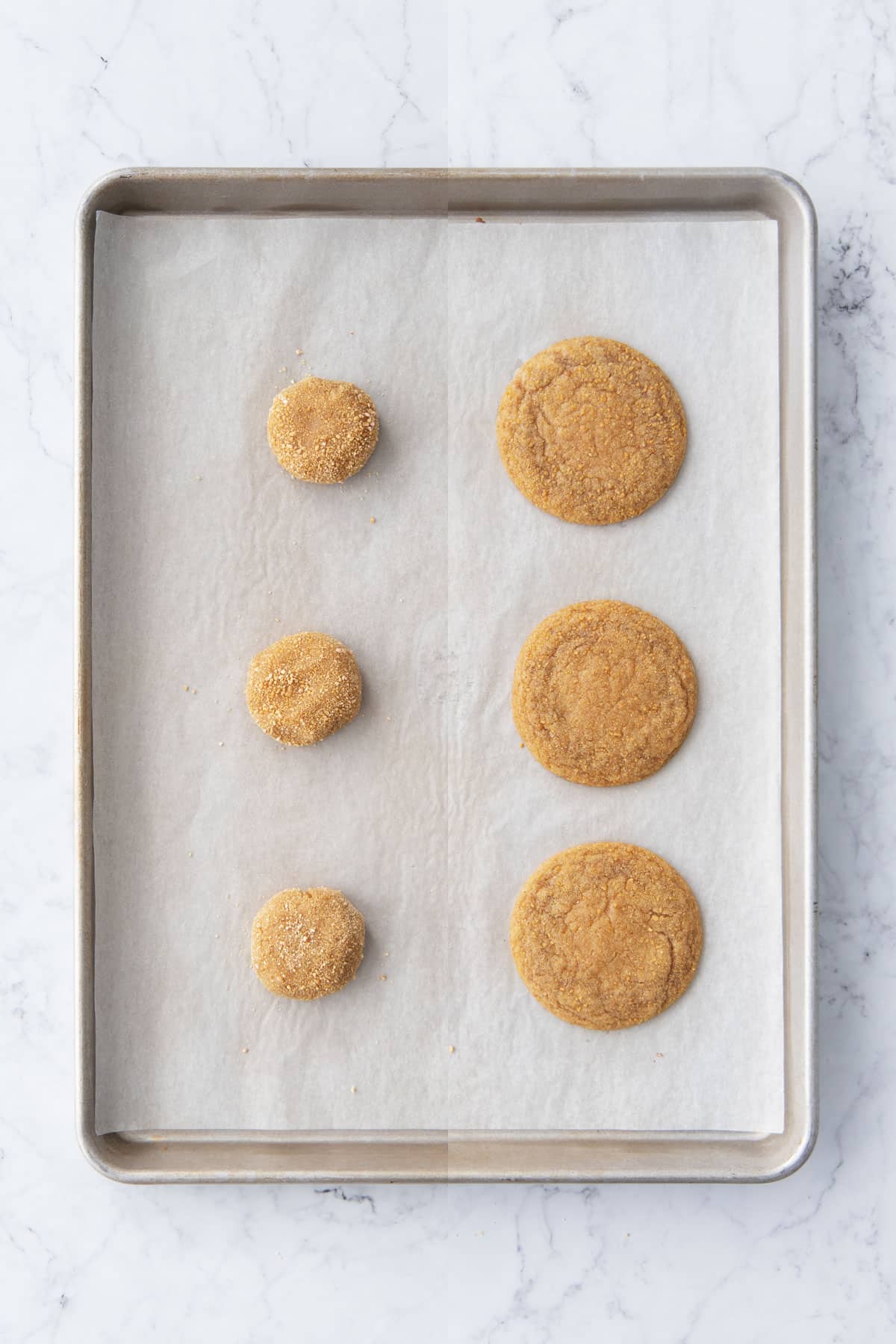 Split screen before and after baking Chewy Maple Brown Butter Sugar Cookies.