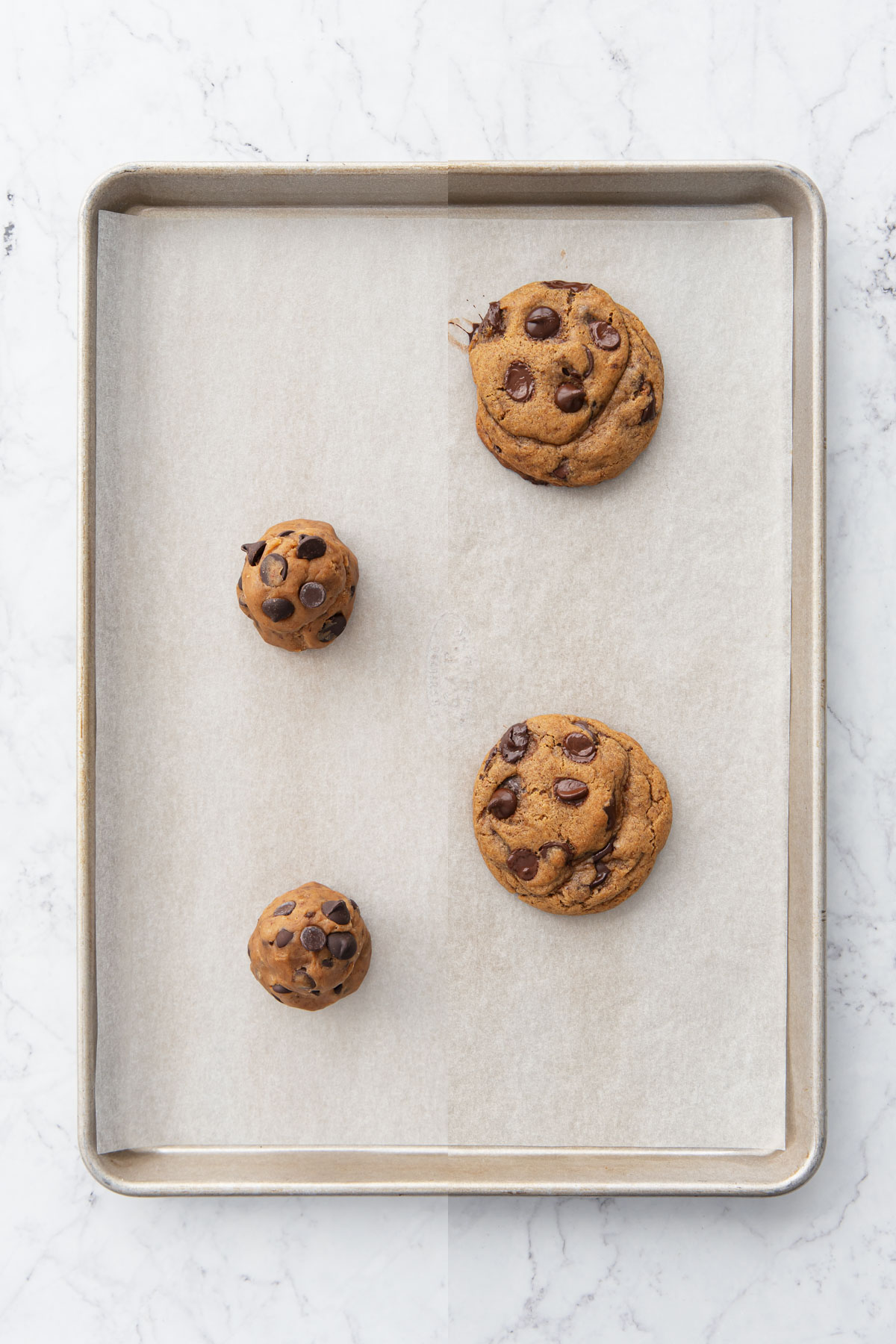 Split screen showing cookies before and after baking.